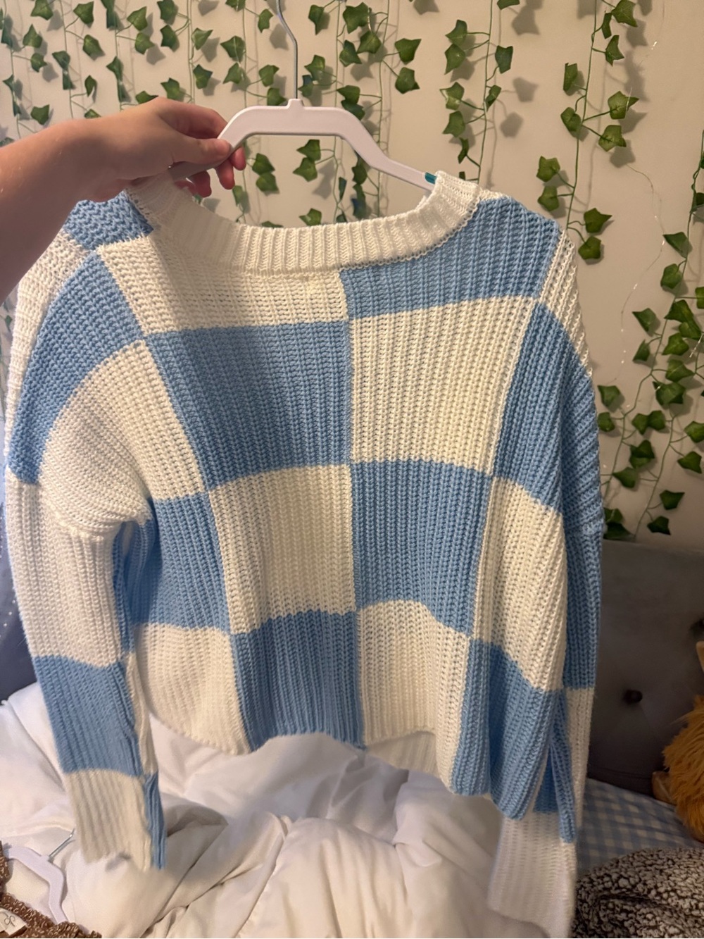 T.J.Maxx Blue and Cream Checkerboard Crewneck Sweater